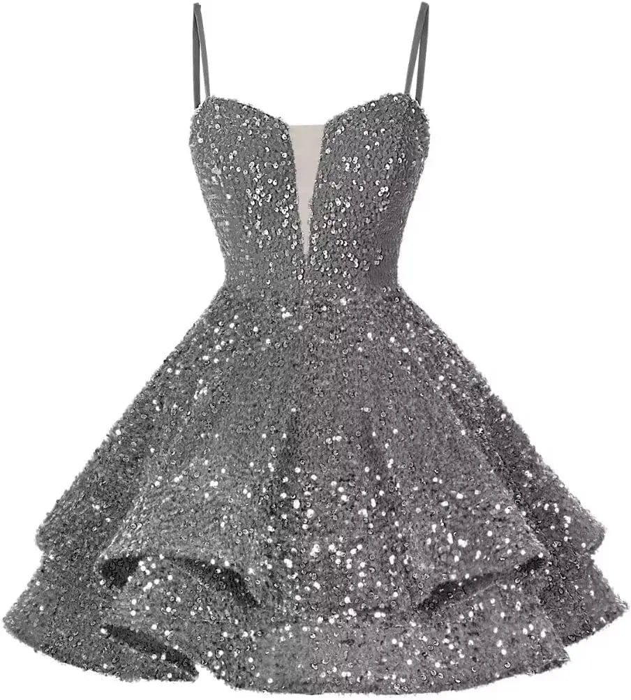 Kurzes Pailletten-Heimkehrkleid für Teenager, funkelnde Ballkleider, Sweet 16-Fotoshooting, Cocktailkleider, Minikleid, Partykleider 