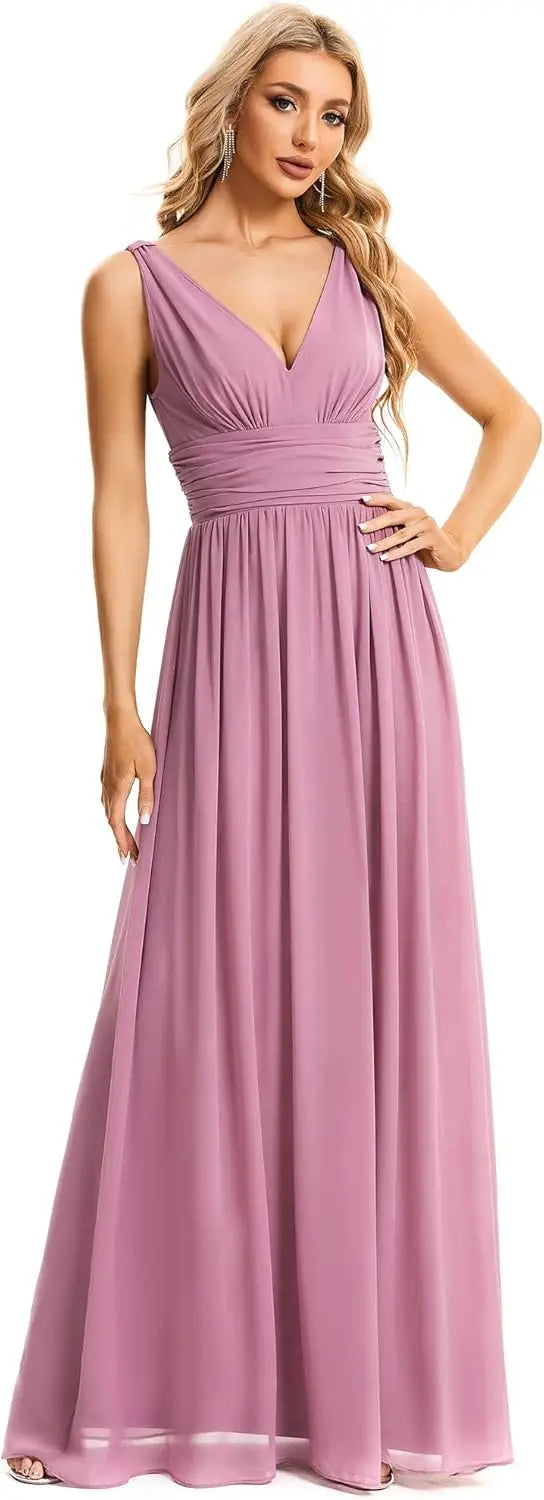 Womens Bridesmaid Dress V-Neck Sleeveless A Line Chiffon Floor Length Formal Dress wedding guest dress  ball gown