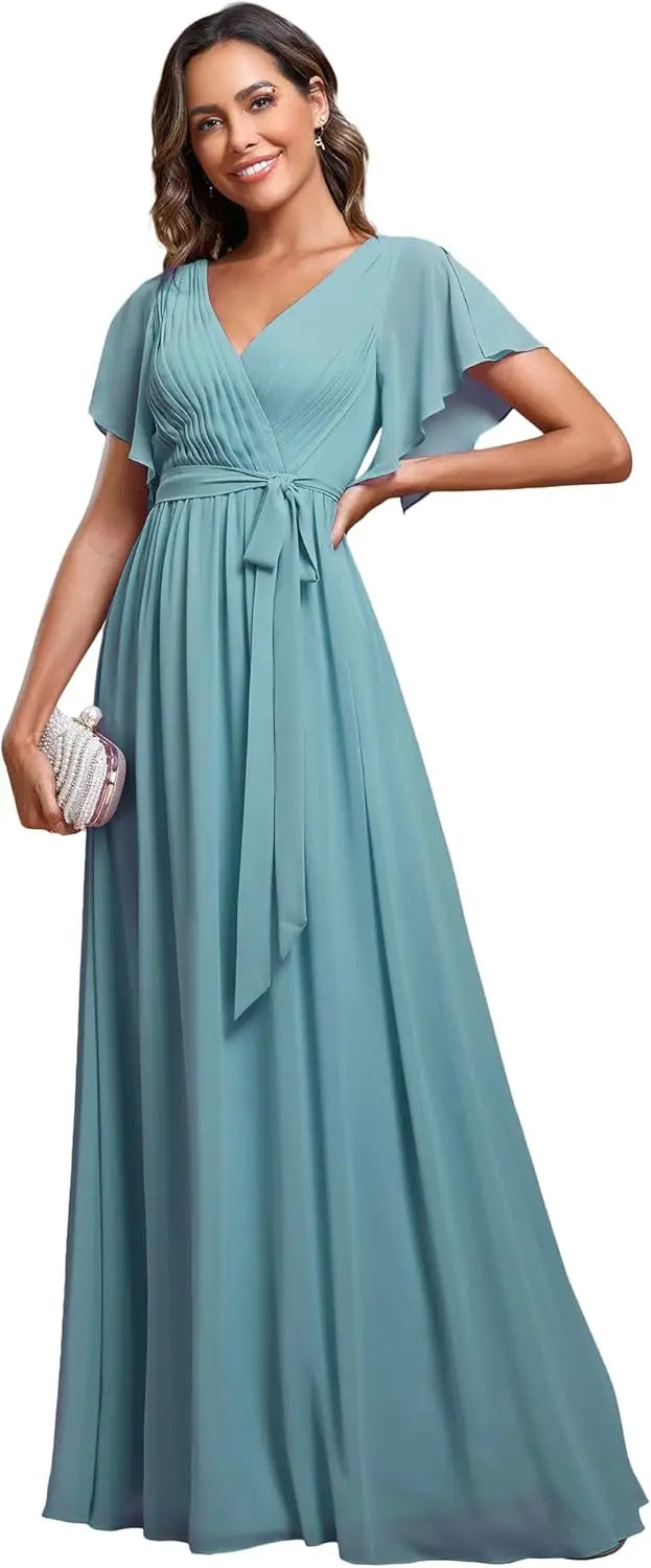Vestido de dama de honor para mujer, escote en V, mangas con volantes, busto fruncido, largo hasta el suelo, de gasa, vestido formal para invitada de boda. 