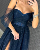 Sparkling Evening Dress with Sweetheart Corset Off-Shoulder Sleeves A-Line Skirt with High Slit Customizable Colors Glitter Gown