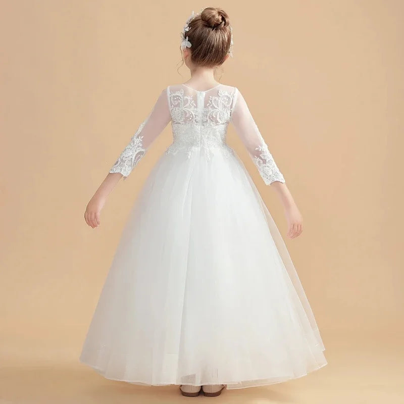 2025 Birthday Party Holy Communion Gowns Flower Girl Dresses White Tulle Flory Appliques 3/4 Sleeve For Wedding