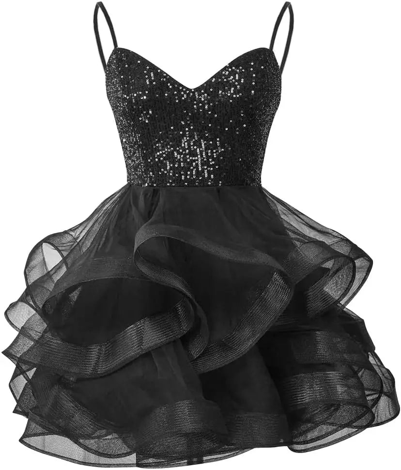 Vestidos de fiesta de tul para adolescentes, con tirantes finos y lentejuelas, vestidos de fiesta cortos, minivestidos de cóctel en capas, vestidos de dama de honor 