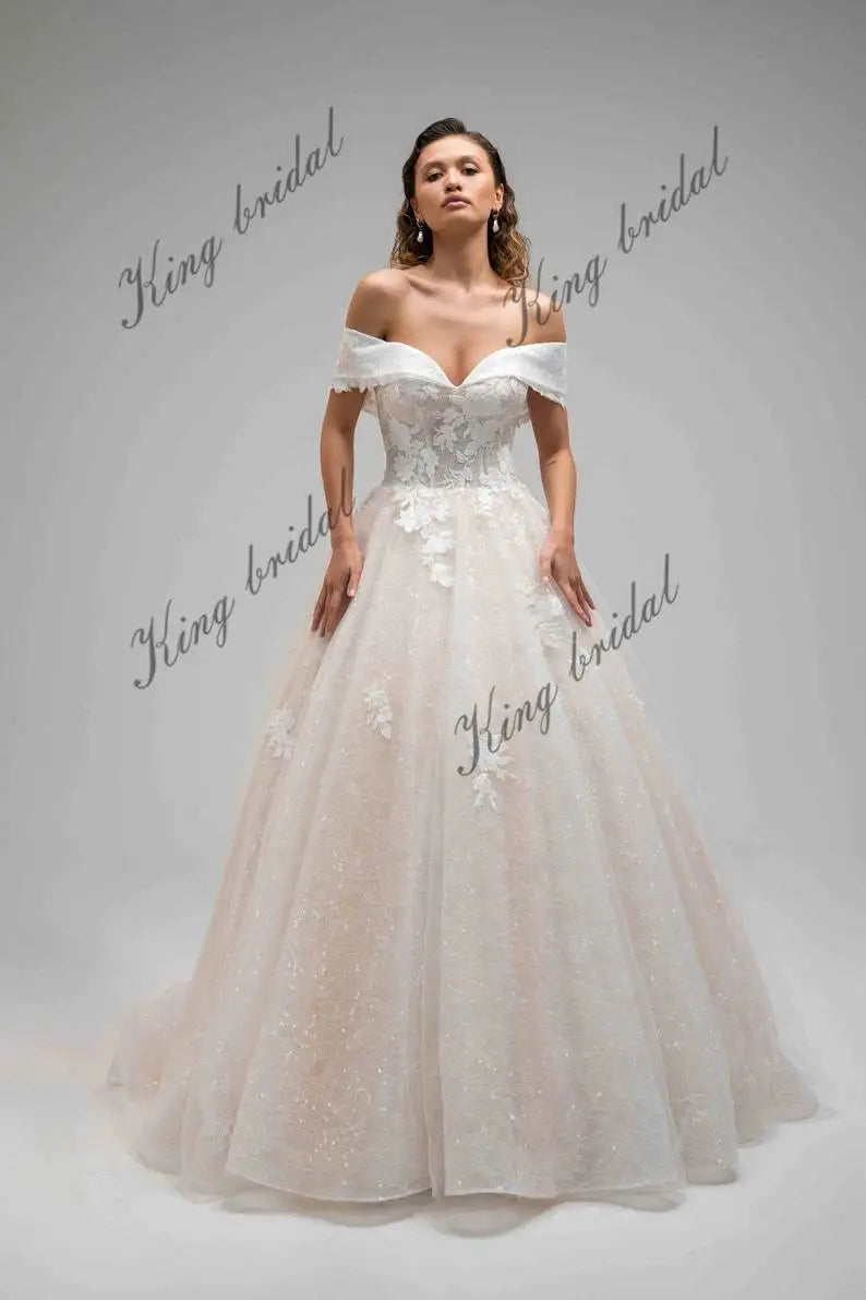 Blumenspitze Kleid Glitter Chantilly Tüll Brautkleider Off-Shoulder Korsett einfache Brautkleid benutzerdefinierte Brautkleid 