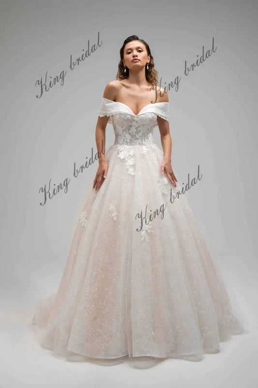 Vestido de novia de encaje floral con purpurina, tul Chantilly, hombros descubiertos, corsé, sencillo, a medida 