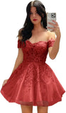 Hübsches kurzes Heimkehrkleid mit Spitzenapplikation für Teenager, glitzernder Tüll, schulterfrei, formelles Abschlussball-Cocktailkleid, Clubkleid 