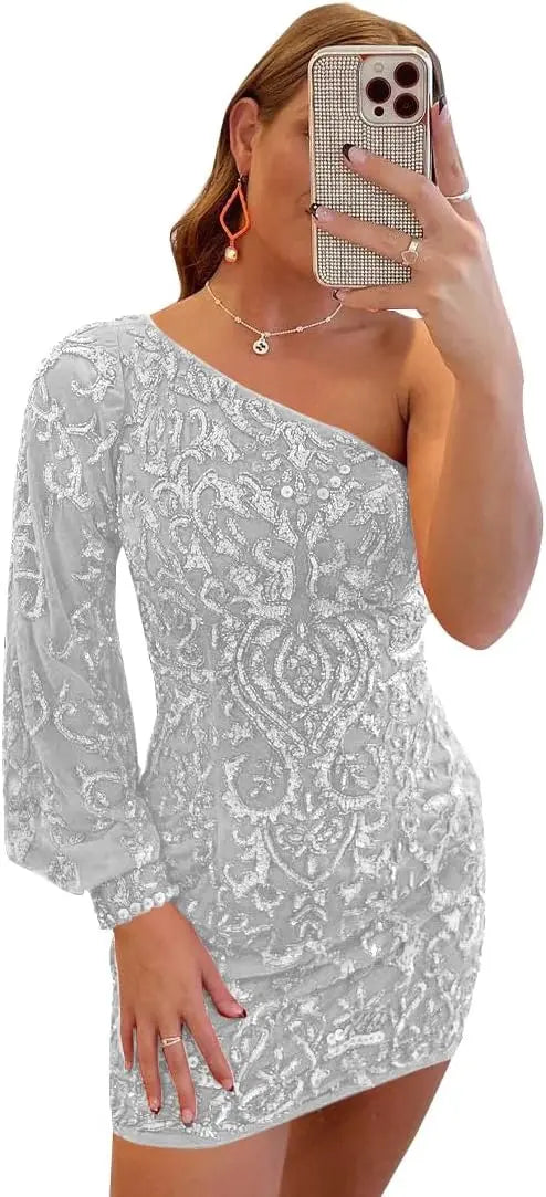 Vestidos de fiesta de encaje con lentejuelas brillantes para adolescentes, mangas abullonadas, un hombro, minivestido de cóctel para graduación, vestidos de noche 