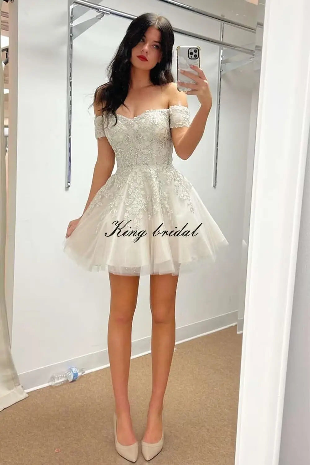 Hübsches kurzes Heimkehrkleid mit Spitzenapplikation für Teenager, glitzernder Tüll, schulterfrei, formelles Abschlussball-Cocktailkleid, Clubkleid 