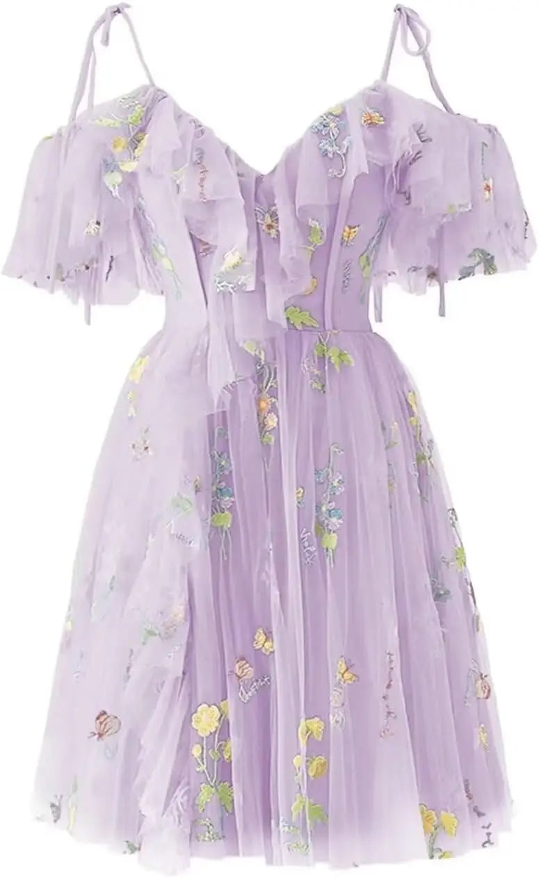 Flower Embroidery Tulle Short Homecoming Dresses for Teens 2026 Mini Spaghetti Straps Formal Prom Party Gown Junior Bridesmaid
