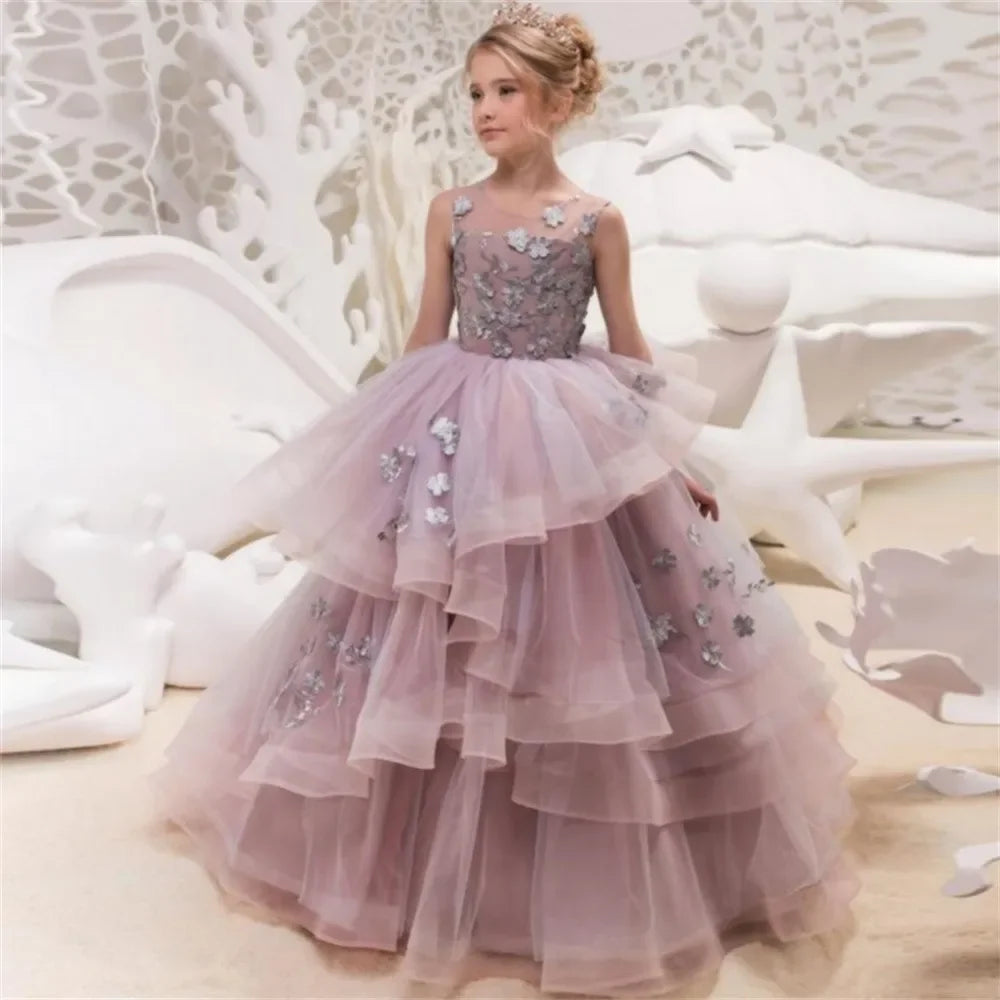 Children's Gifts Flower Girl Dresses For Wedding Ruffles Lace Appliqued Layered First Communion Birthday Prom Party Dress