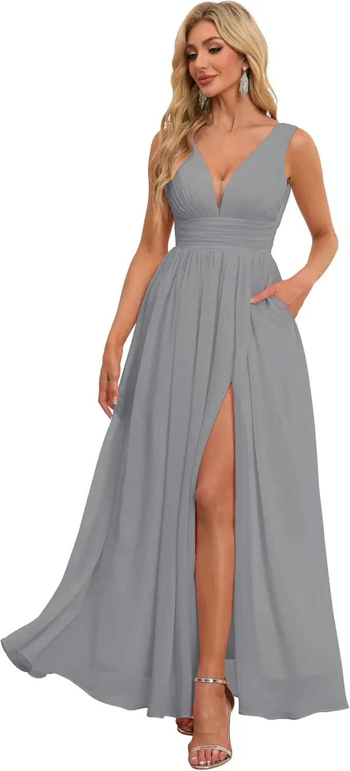 Vestidos de dama de honor con abertura y escote en V, vestidos de fiesta, línea A, plisados, para invitada de boda con bolsillos 
