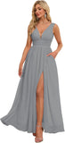 Vestidos de dama de honor con abertura y escote en V, vestidos de fiesta, línea A, plisados, para invitada de boda con bolsillos 