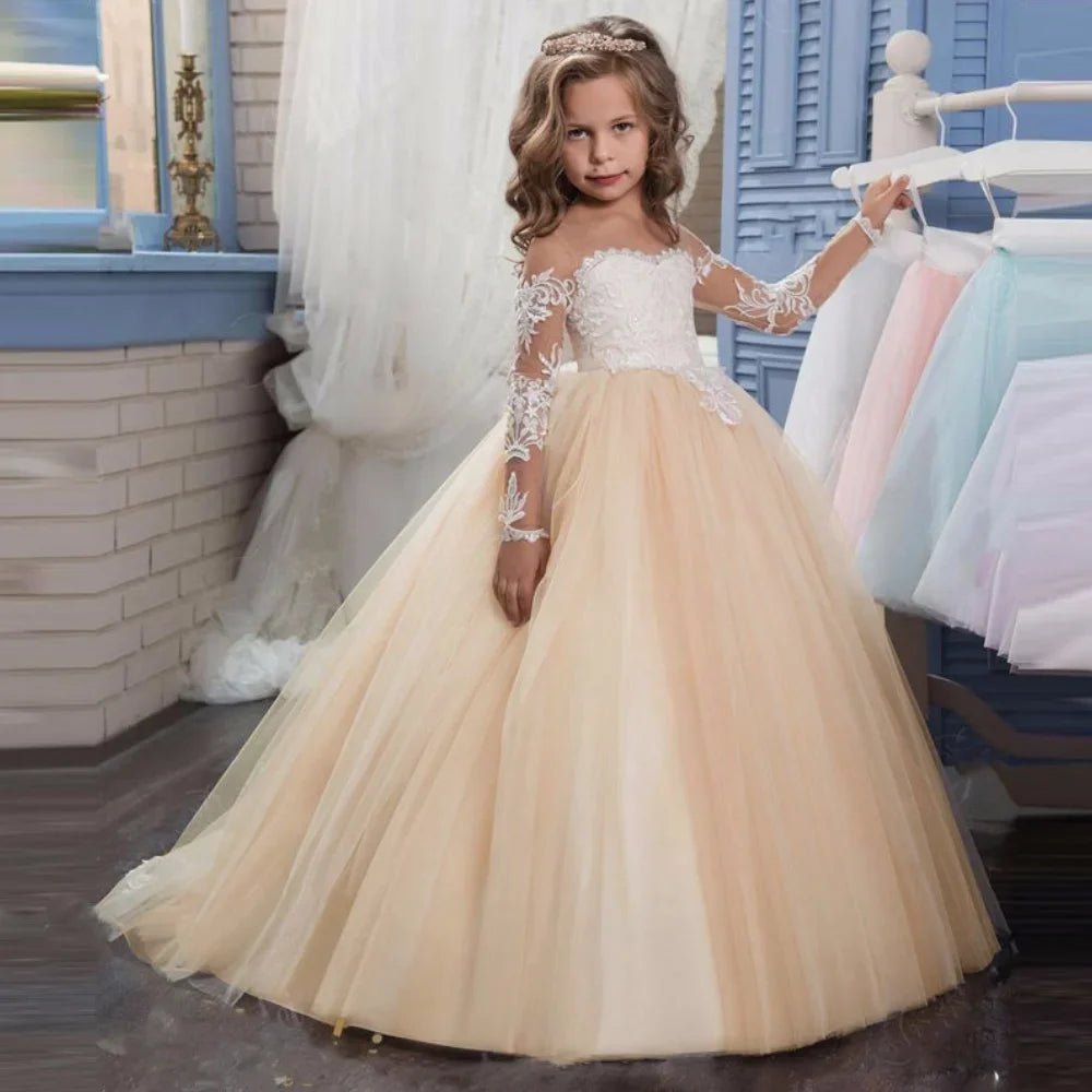Vestido de tul rosa claro con apliques blancos y manga larga para boda, fiesta de cumpleaños, comunión, personalizado, para niña de las flores 