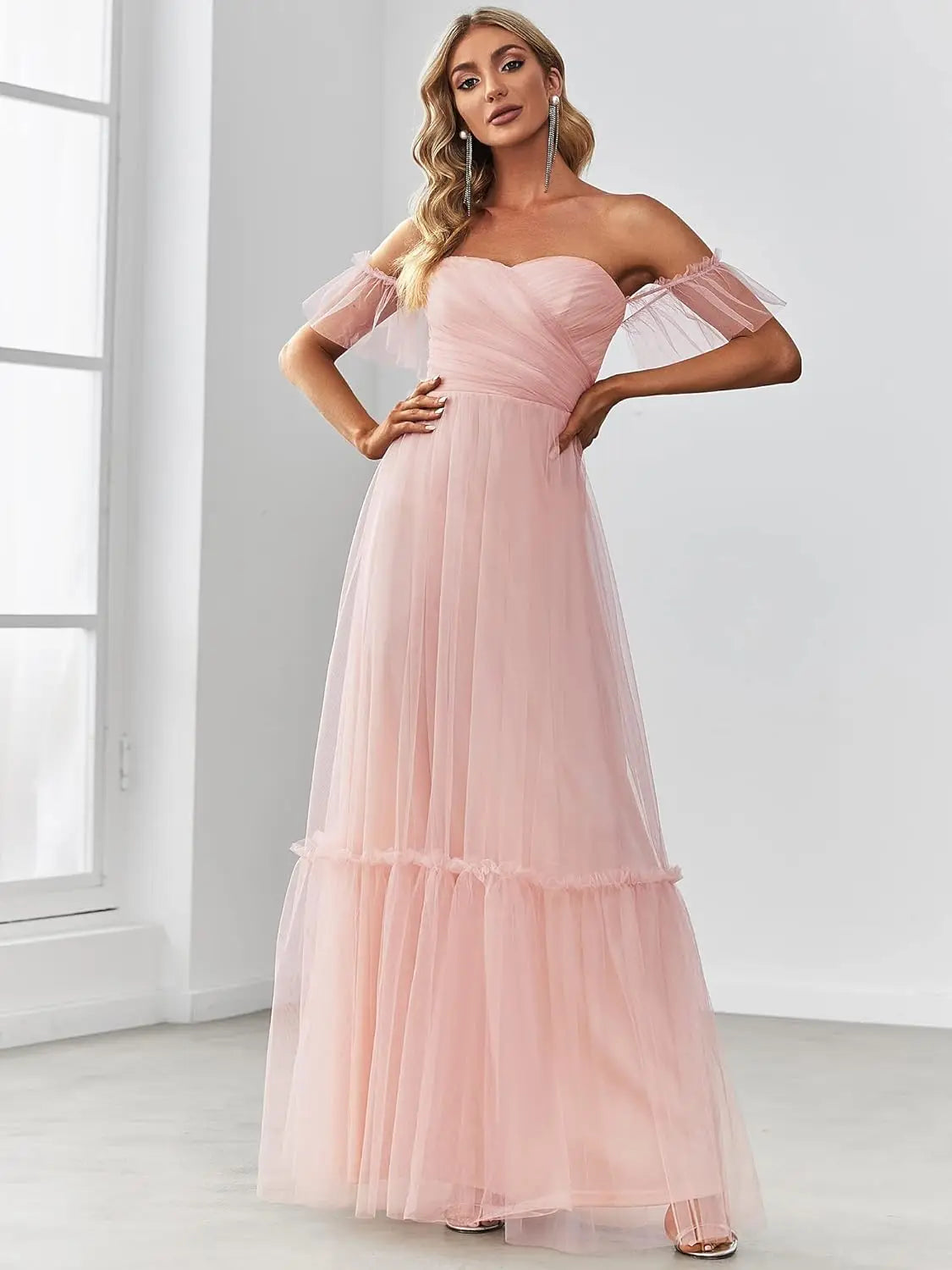 Women's Formal Dress Sweetheart Off-Shoulder Ruched Tulle Maxi Bridesmaid Dresses elegant dress women for wedding party