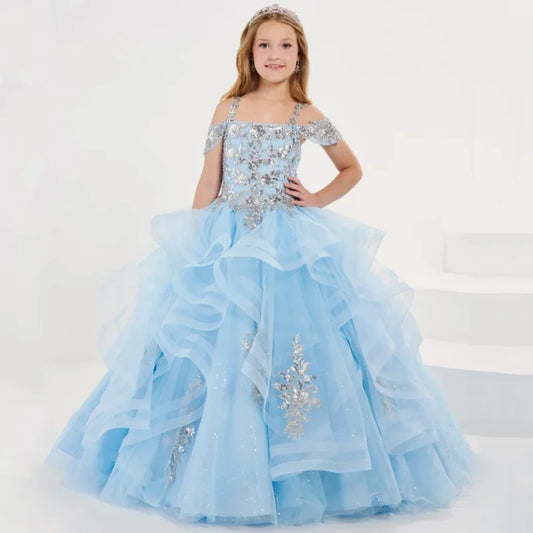 Vestidos de princesa sin mangas para bodas, fiestas de cumpleaños, banquetes, vestidos de niña de las flores, tul azul cielo, apliques florales plateados escalonados 