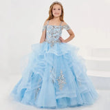 Vestidos de princesa sin mangas para bodas, fiestas de cumpleaños, banquetes, vestidos de niña de las flores, tul azul cielo, apliques florales plateados escalonados 