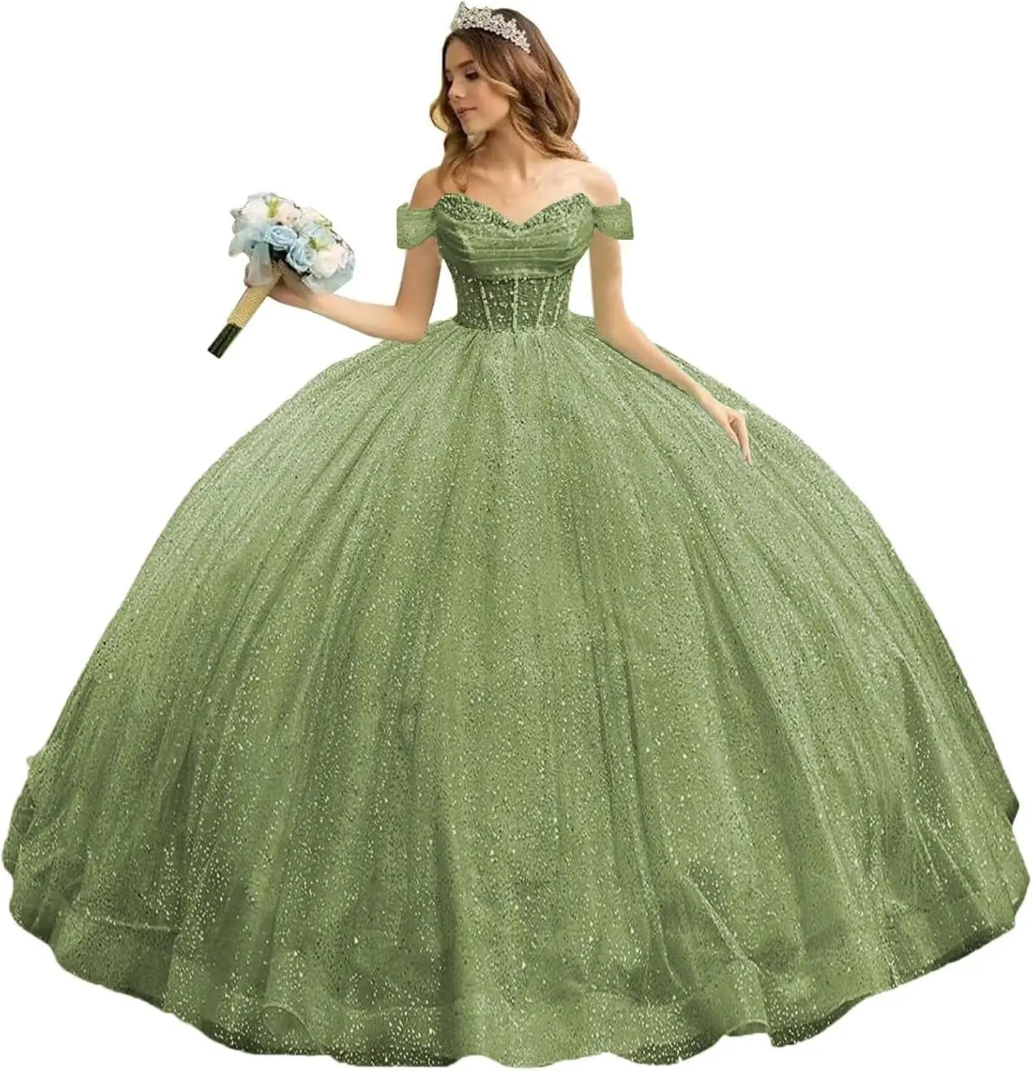 Tulle Quinceanera Dresses with Bow Puffy Off Shoulder Sweet 16 Dresses Sparkly Crystal Quince Dress with Train