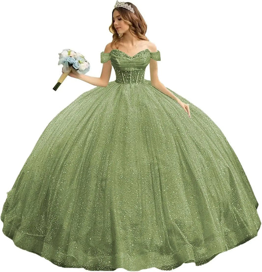 Tulle Quinceanera Dresses with Bow Puffy Off Shoulder Sweet 16 Dresses Sparkly Crystal Quince Dress with Train