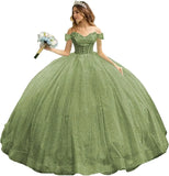 Tulle Quinceanera Dresses with Bow Puffy Off Shoulder Sweet 16 Dresses Sparkly Crystal Quince Dress with Train