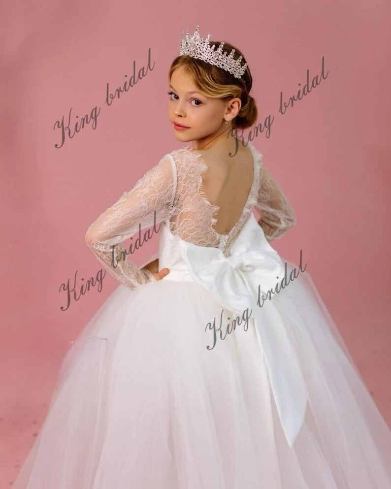 Vestido de tul con encaje y manga larga para niña de las flores, minivestido de novia para niña, vestido de novia hecho a mano, vestidos de desfile para niña 