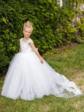 Ärmelloses, elegantes, langes Kommunions-Festzugskleid für kleine Mädchen, individuelles weißes Blumenmädchenkleid für Hochzeitsspitzenapplikationen 