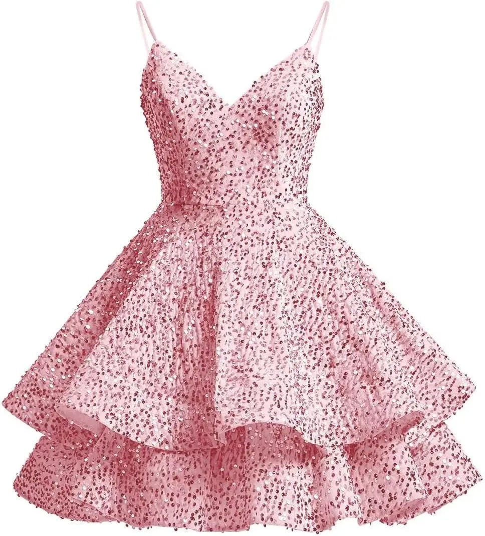 Sparkly Sequin Homecoming Dresses for Teens 2025 Short V Neck A Line Tiered Mini Formal Prom Cocktail Gown Above Knee Club Dress