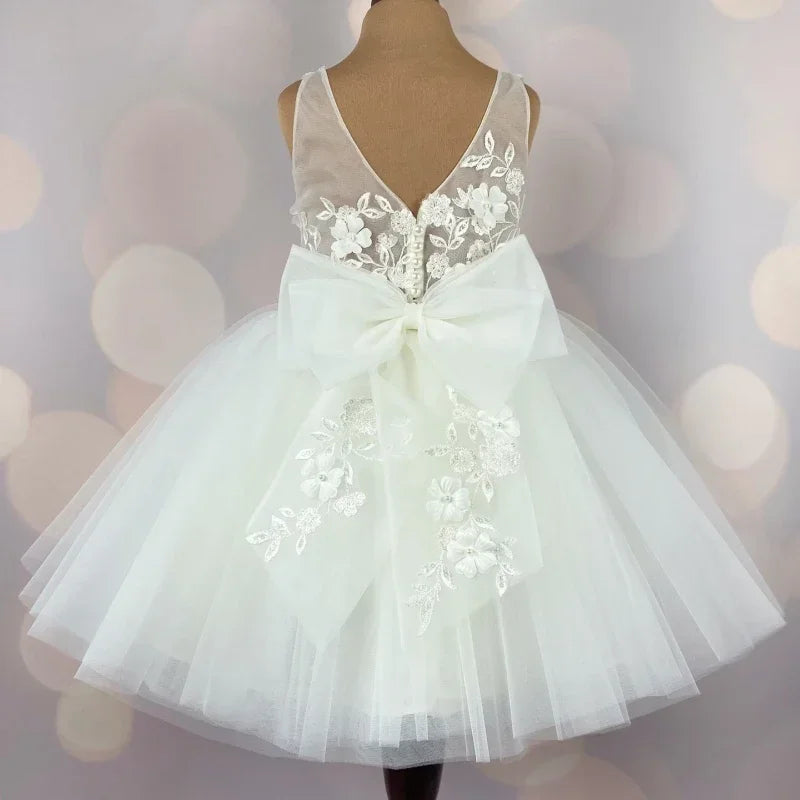 First Communion Dress Customized White Flower Girl Dresses for Wedding Sleeveless 3D Floral with Bow Floor Length Girl Birthday
