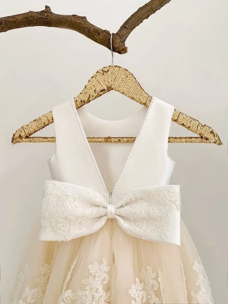 Vestido de niña de las flores con espalda en V y encaje para bodas, fiesta de niñas, vestido de princesa para niña pequeña con lazos, vestidos de primera comunión. 