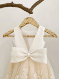 Vestido de niña de las flores con espalda en V y encaje para bodas, fiesta de niñas, vestido de princesa para niña pequeña con lazos, vestidos de primera comunión. 