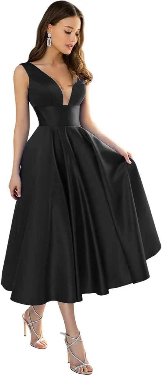 Vestidos de dama de honor de satén para mujer, vestidos formales cortos hasta la rodilla con escote en V, vestido de noche de corte A con bolsillos, vestidos de fiesta de boda 