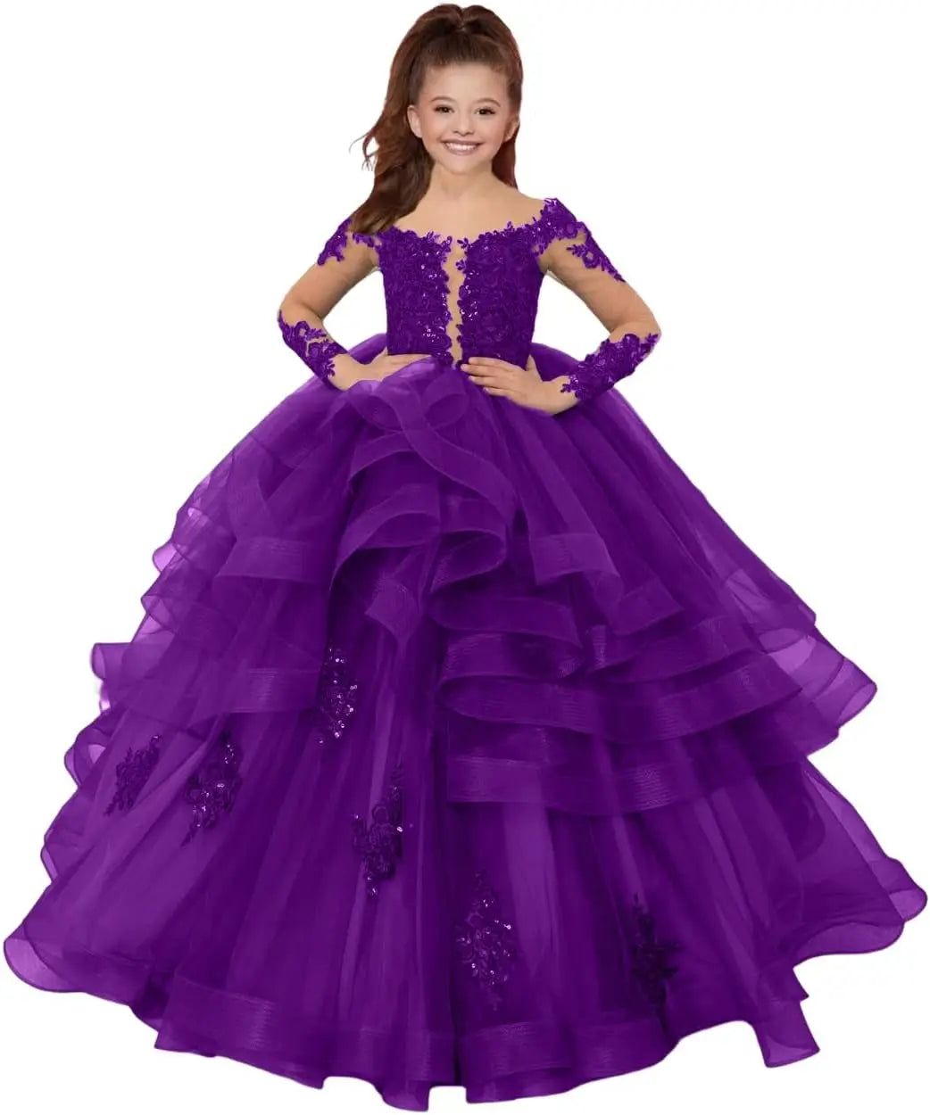 Custom made Princess Long Sleeve Flower Girl Dresses Appliques Ruffles Tulle Pageant Dresses for Girls Kids Party Ball Gowns