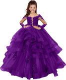 Custom made Princess Long Sleeve Flower Girl Dresses Appliques Ruffles Tulle Pageant Dresses for Girls Kids Party Ball Gowns