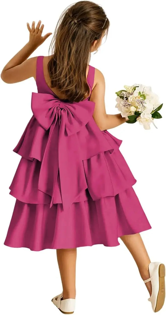 Girls Crewneck Layers Flower Girl Satin Pageant Dress with Bow Knot Backless Birthday Party Formal Dress princess dress