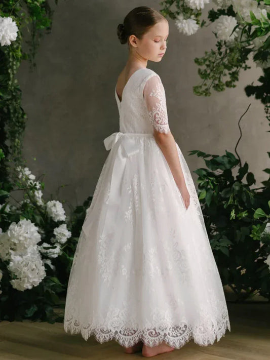 Birthday First Communion Gowns Flower Girl Dresses White Tulle Lace Appliques With Bow Half Sleeve For Wedding