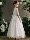 Birthday First Communion Gowns Flower Girl Dresses White Tulle Lace Appliques With Bow Half Sleeve For Wedding