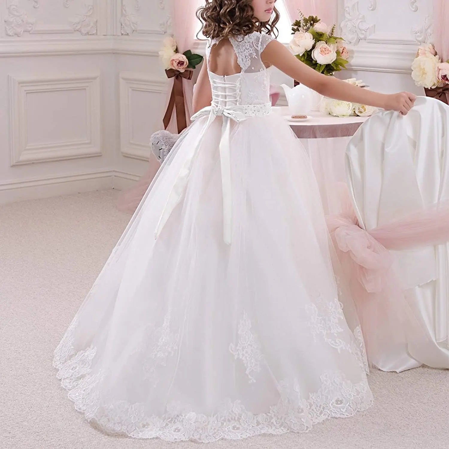 Erstkommunionkleider Blumenmädchenkleid Schnür-Kommunionkleid Ballkleid Mädchenkleid Festzugskleider für Mädchen Prinzessin 