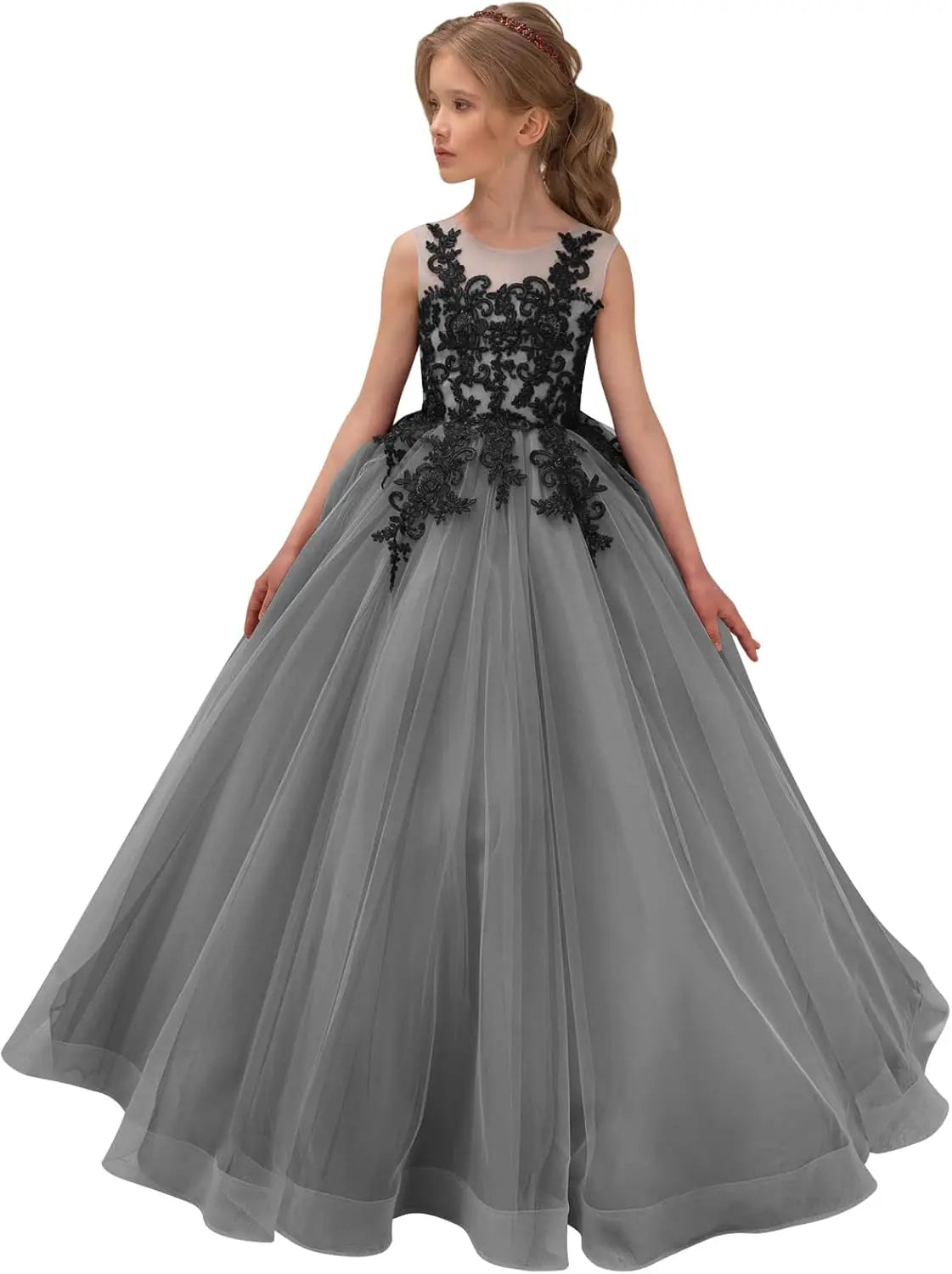 Festzugskleider für Mädchen, Spitzenapplikation, Blumenmädchenkleid, Tüll, Festzugskleid für Mädchen, lang, ärmellos, Prinzessinnen-Party-Ballkleid 