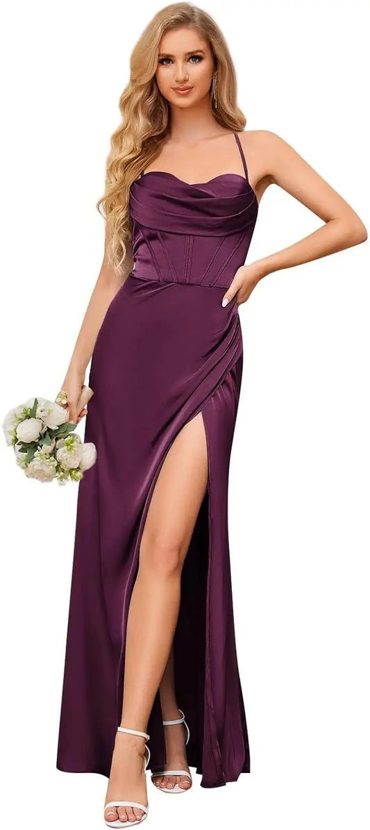 Cowl Neck Satin Bridesmaid Dresses for Women Mermaid Corset Prom Dress Long Formal Evening Gown with Slit Wedding Party Gowns