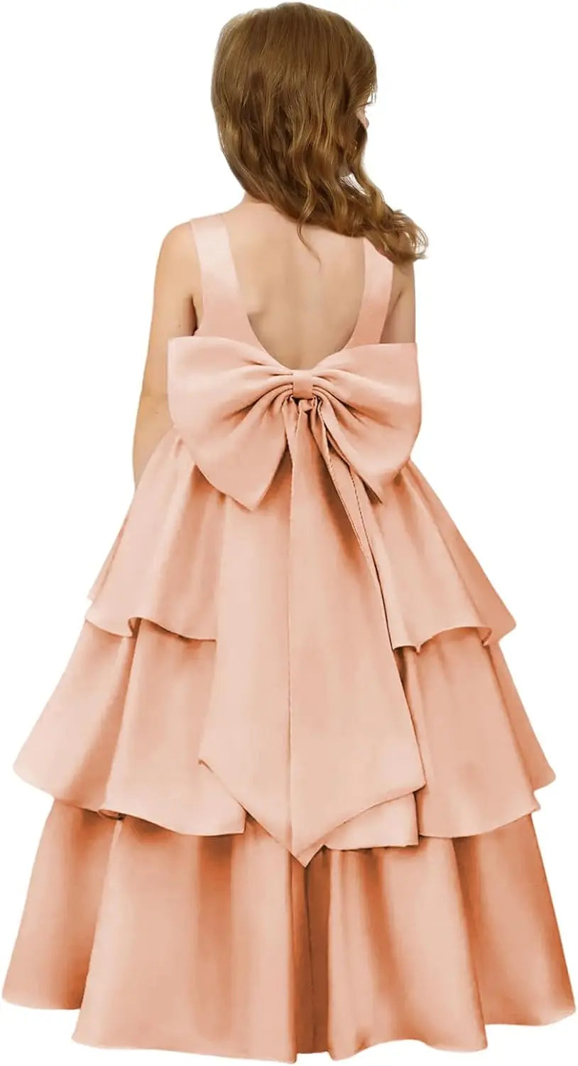 Girls Crewneck Layers Flower Girl Satin Pageant Dress with Bow Knot Backless Birthday Party Formal Dress princess dress