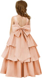 Girls Crewneck Layers Flower Girl Satin Pageant Dress with Bow Knot Backless Birthday Party Formal Dress princess dress