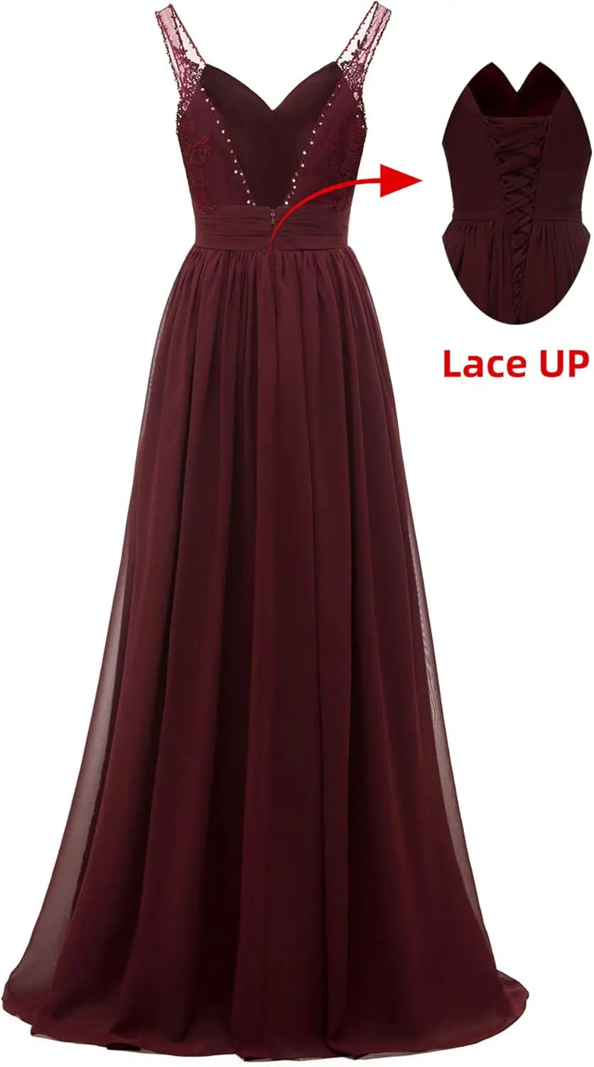 Chiffon-Spitze Brautjungfernkleider lang für Damen V-Ausschnitt Plissee Tüll Träger A-Linie Abschlussball Abend Hochzeit formelle Kleider 