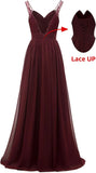 Chiffon-Spitze Brautjungfernkleider lang für Damen V-Ausschnitt Plissee Tüll Träger A-Linie Abschlussball Abend Hochzeit formelle Kleider 