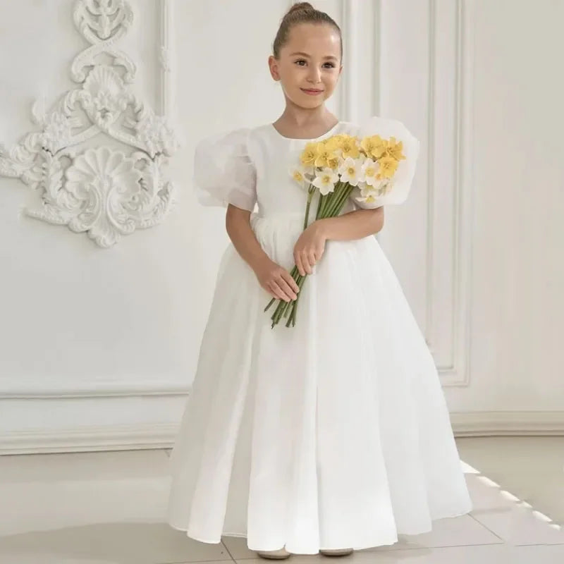 Vestido de princesa de satén blanco liso de manga corta para bodas, fiestas de cumpleaños, banquetes, vestidos de princesa personalizados, vestidos de niña de las flores 