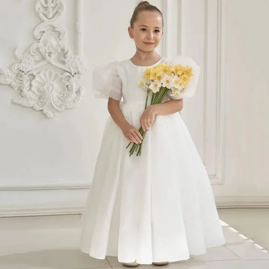 Vestido de princesa de satén blanco liso de manga corta para bodas, fiestas de cumpleaños, banquetes, vestidos de princesa personalizados, vestidos de niña de las flores 