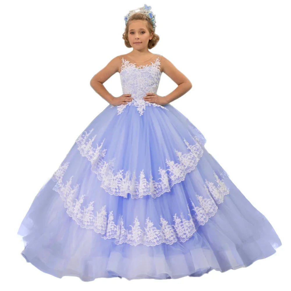 Vestido de princesa para banquete de fiesta de cumpleaños, personalizado, para niña de las flores, con apliques de encaje azul cielo y blanco, escalonado, sin mangas, para boda 