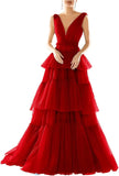 Vestidos de fiesta largos con escote en V doble para mujer, 2025, de tul escalonado, corte A, plisados, formales, para fiesta de noche. 