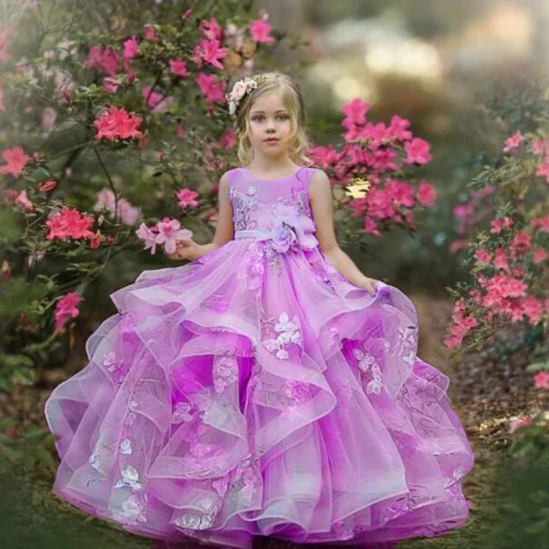 3D Floral Appliques Floor Length Girl Kids Birthday Party First Holy Communion Gown Ruffles Flower Girl Dresses for Wedding