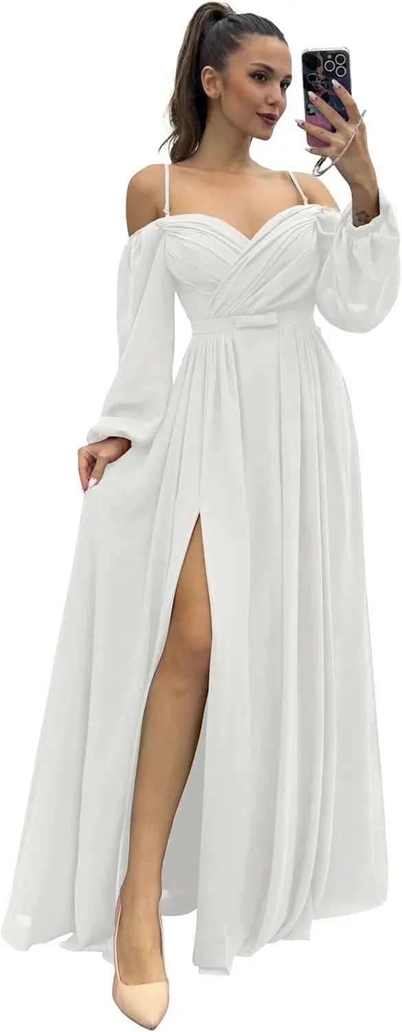 Vestido de dama de honor de manga larga para mujer, con tirantes finos, para invitada de boda, con abertura y bolsillos, vestido formal fruncido. 