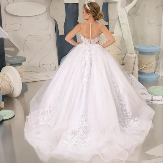 White Tulle Appliques With Tailing Sleeveless For Wedding Birthday Party Banquet Princess Gowns Flower Girl Dresses