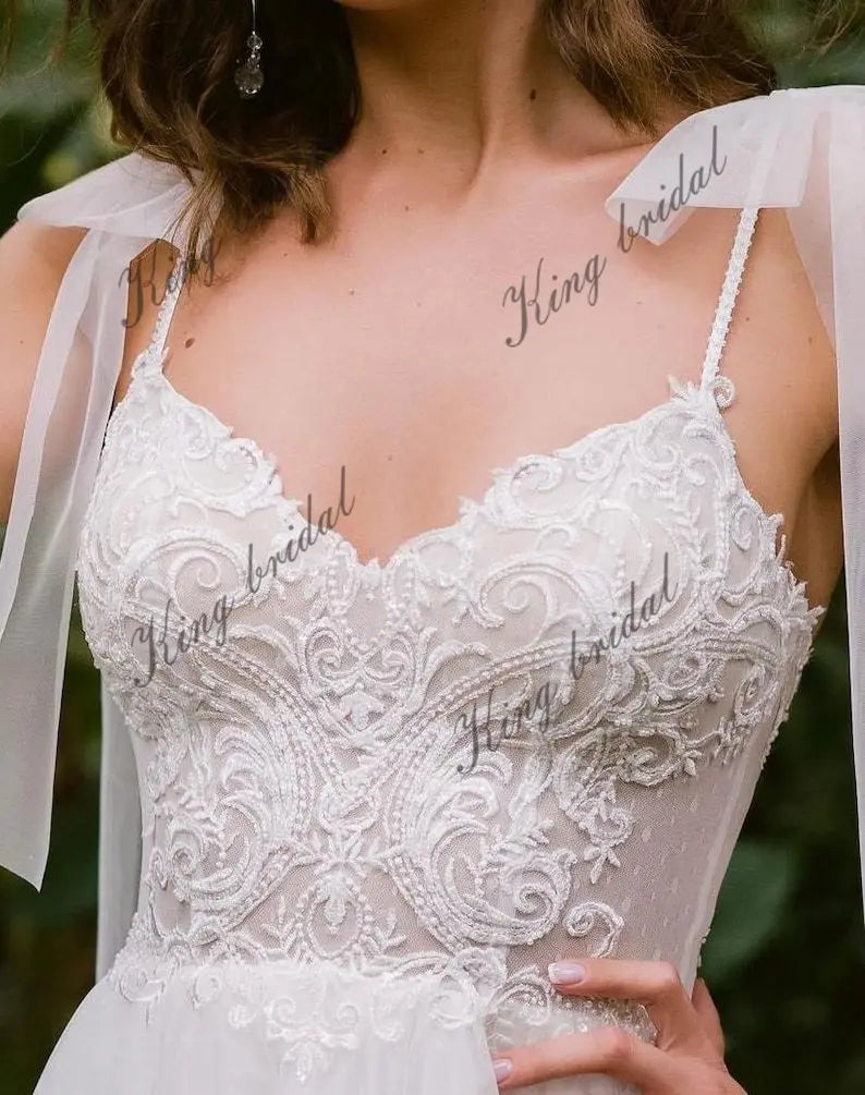 Gepunktetes Tüll Spaghettiträger Brautkleid A-Linie Spitze Brautkleider Schulterschleife Custom Brautkleid einfache Brautkleider 