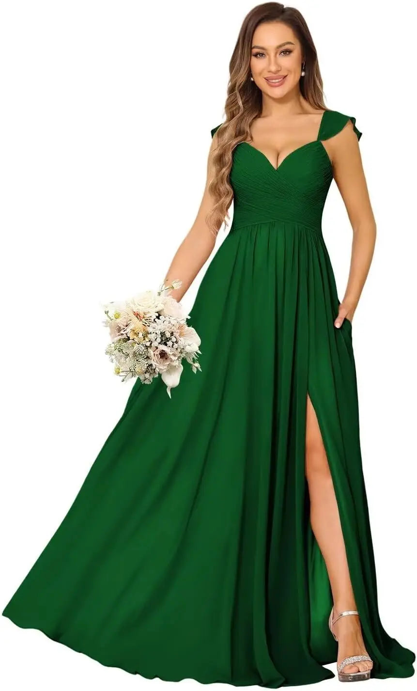Women's Cap Sleeves Chiffon Bridesmaid Dresses Long with Pockets Ruffle Formal Evening Dresses with Slit Wedding Party Gowns